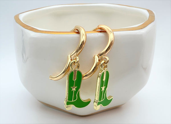 Cowgirl Cowboy Boot Green Earrings