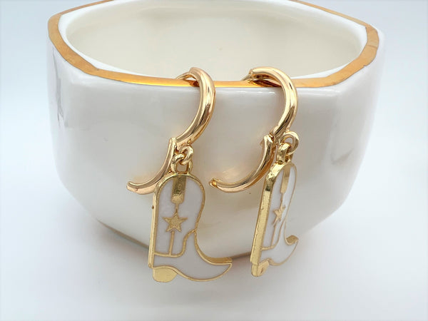 Cowgirl Cowboy Boot White Earrings